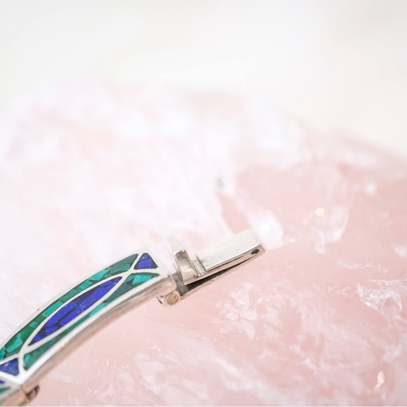 Vintage .925 Sterling Silver Choker Inlay necklace Lazuli Lapis & Malachite 90s - Picture 13 of 16